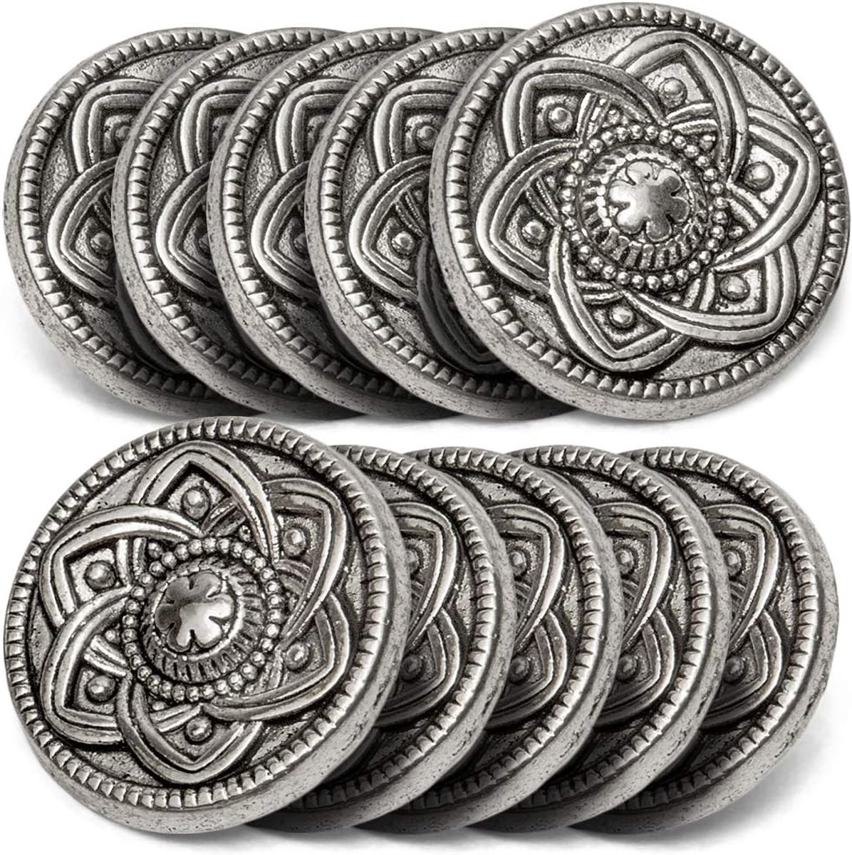 Draad & naald 10 knoppen van metaal met bloemenmotief Ø ca. 15 mm, gatgrootte: 2,2 mm, kleur: antiek zilver