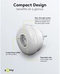 Grote, witte, ronde LED nachtlamp met stopcontact. Beschikt over een doorvoerstopcontact, 3 standen (Aan, Uit, Auto) en vingerbescherming.