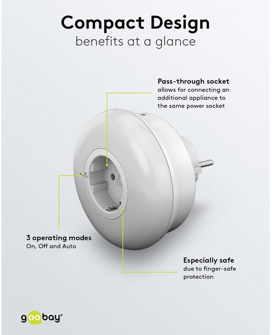 Grote, witte, ronde LED nachtlamp met stopcontact. Beschikt over een doorvoerstopcontact, 3 standen (Aan, Uit, Auto) en vingerbescherming.