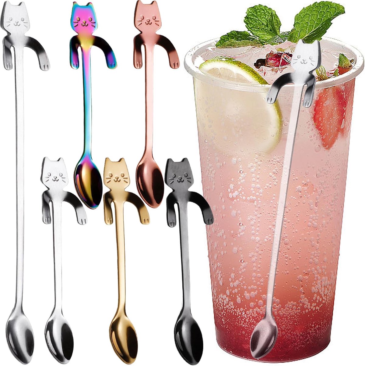 Koffielepels, 5 Kleuren + 1 Lange Lepel Roestvrijstalen Koffie Lepels Hangende Theelepeltjes Coffee Scoop Teaspoons Roerlepel Voor Roeren Mengen Thee Dranken Dessert Jam Ijslepel