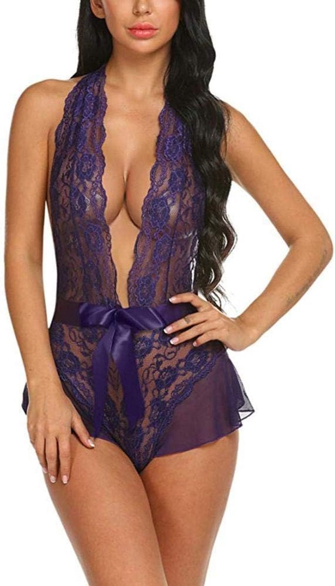 Lingerie voor Kanten Kimono Nachthemd Ondergoed Sexy Lingerie Nachtkleding Kant met String Nachtkleding JurkDames Ondergoed Set Lingerie Set Kanten Strik Bodysuit Sexy Lingerie Backless Jumpsuit Ondergoed-Purple_M
