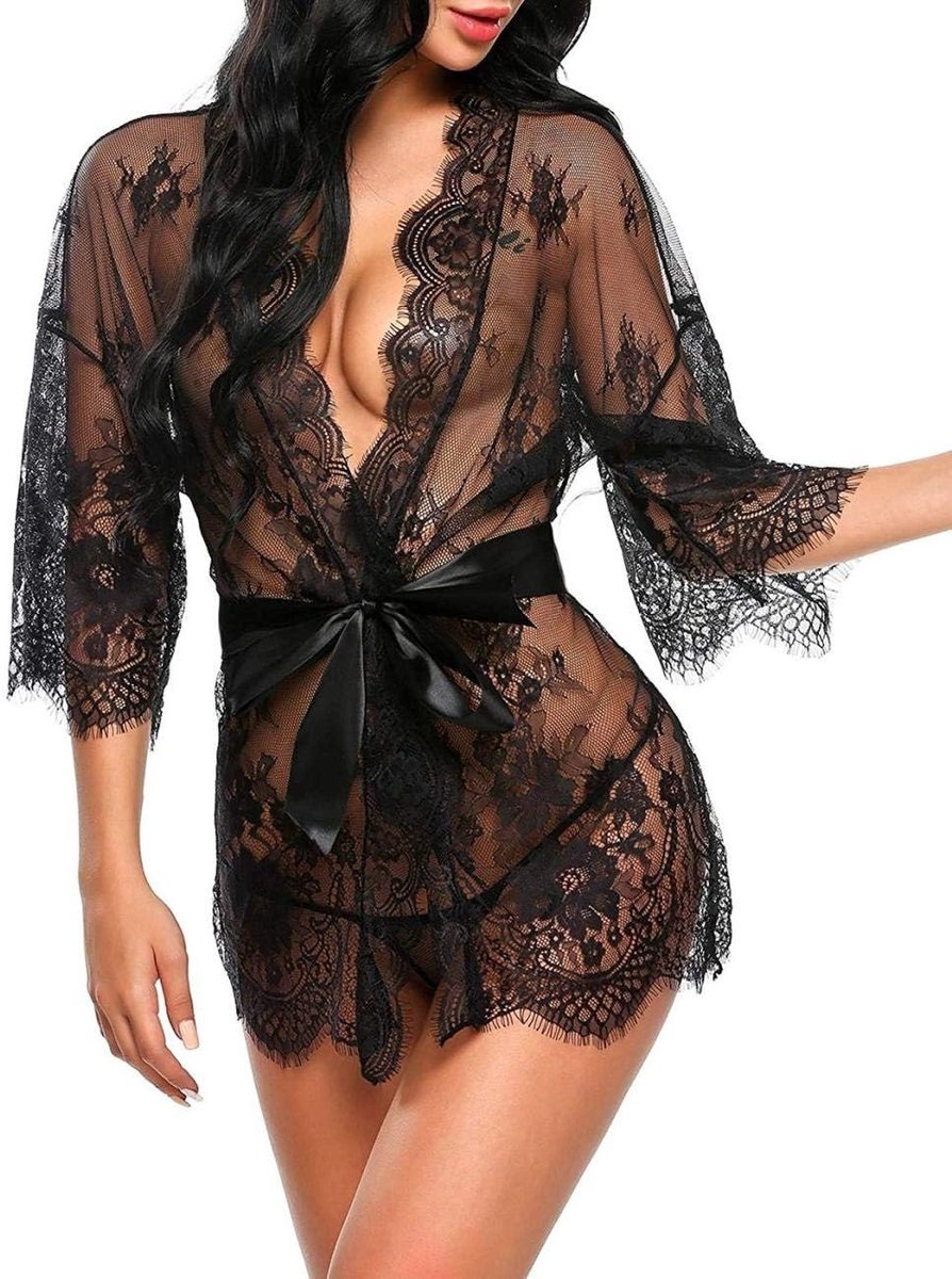Lingerie voor dames V-hals transparante lingerie met jarretelgordel lingerie bodysuitSexy Dames Lingerie Kanten Ruches Gewaad Doorzichtige Ondergoed Nachtkleding Nachtjurk Erotische Sex Kleding-B