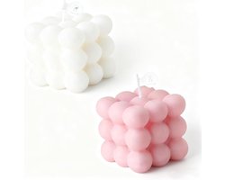 2 STKS Cube Bubble Kaarsen - Soja Wax Geurende Aromatherapie Rookloze Kaarsen voor Home Decor in Wit & Roze