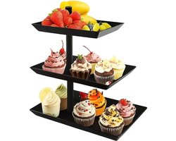 360° roterende taartschaal, snackhouder, uittrekbaar, serveerschaal, metaal, dessert, Tisc, zwart, 3 etages, draaibare fruittaartstandaard, voor feest, kantoor, bruiloft