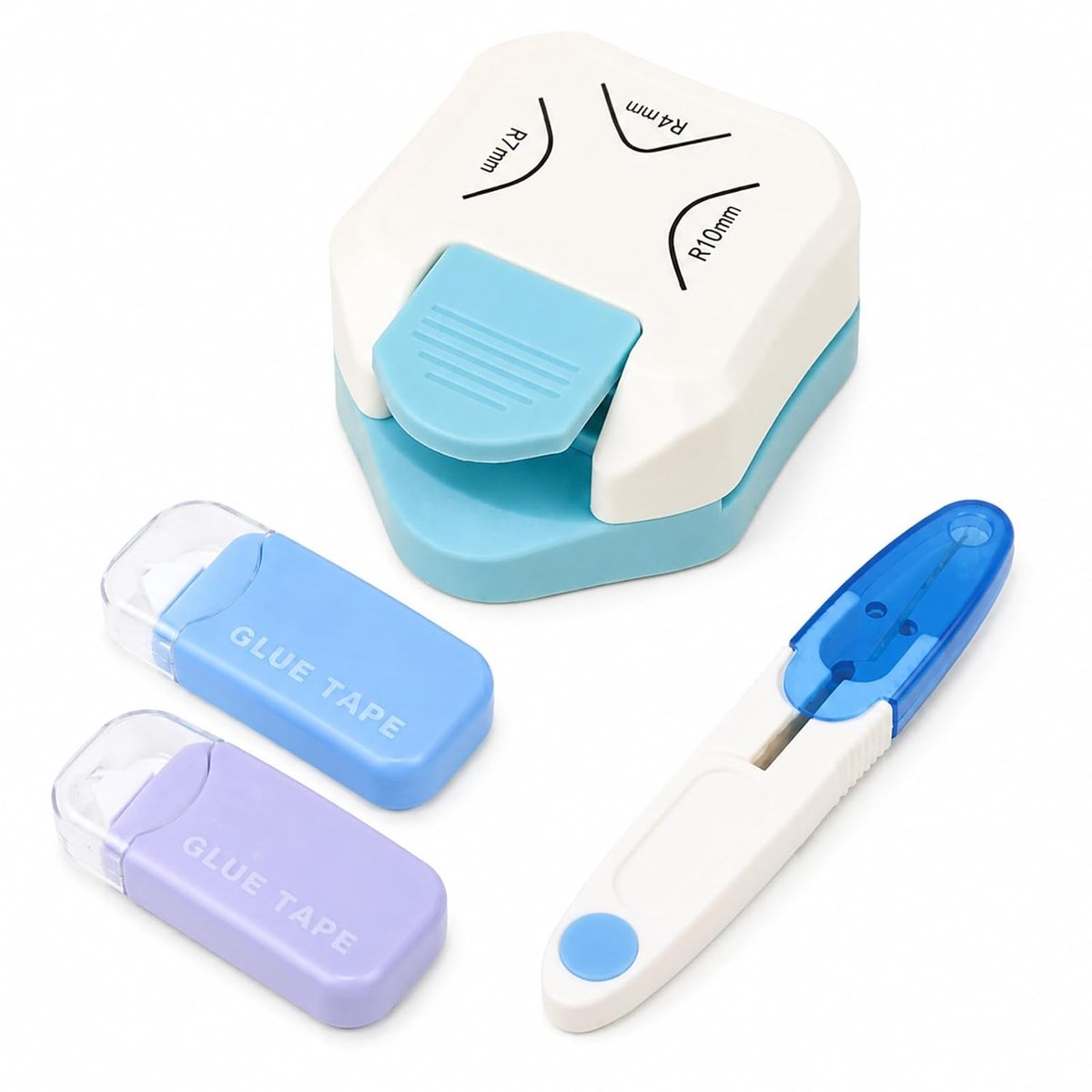 4-delige Stamp Puncher Set, 3-in-1 hoekenstans, hoekafronder, ronde stanser met 1 schaar en 2 puntklevers voor kaarten, foto's, scrapbooking