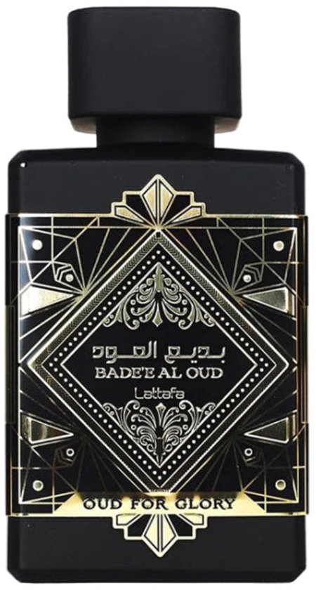 Zwarte parfumfles met gouden geometrische versieringen en 'Badee Al Oud Oud For Glory' in Arabisch en Engels.