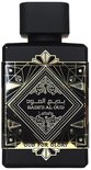 Zwarte parfumfles met gouden geometrische versieringen en 'Badee Al Oud Oud For Glory' in Arabisch en Engels.