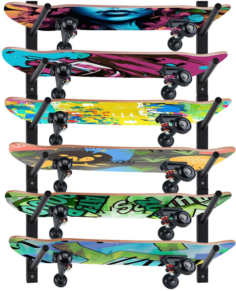 Skateboard Wandhouder – 6-Laags Opbergrek – Voor Skateboard Longboard Snowboard en Ski – Staal