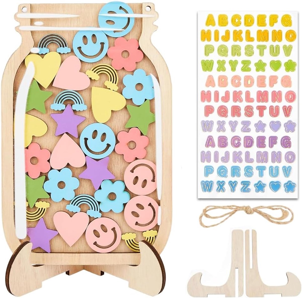 Beloningsglas voor kinderen, voorraaddoos voor klaslokaal en thuis, met houten standaard en 30 sterren, regenboog - ShopVlot
