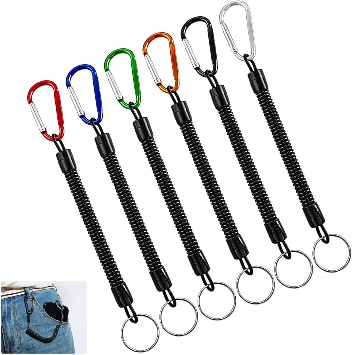 spiraalvormige sleutelhangers 6 stuks - elastische vis-lanyards - uittrekbaar en anti-verlies - ShopVlot