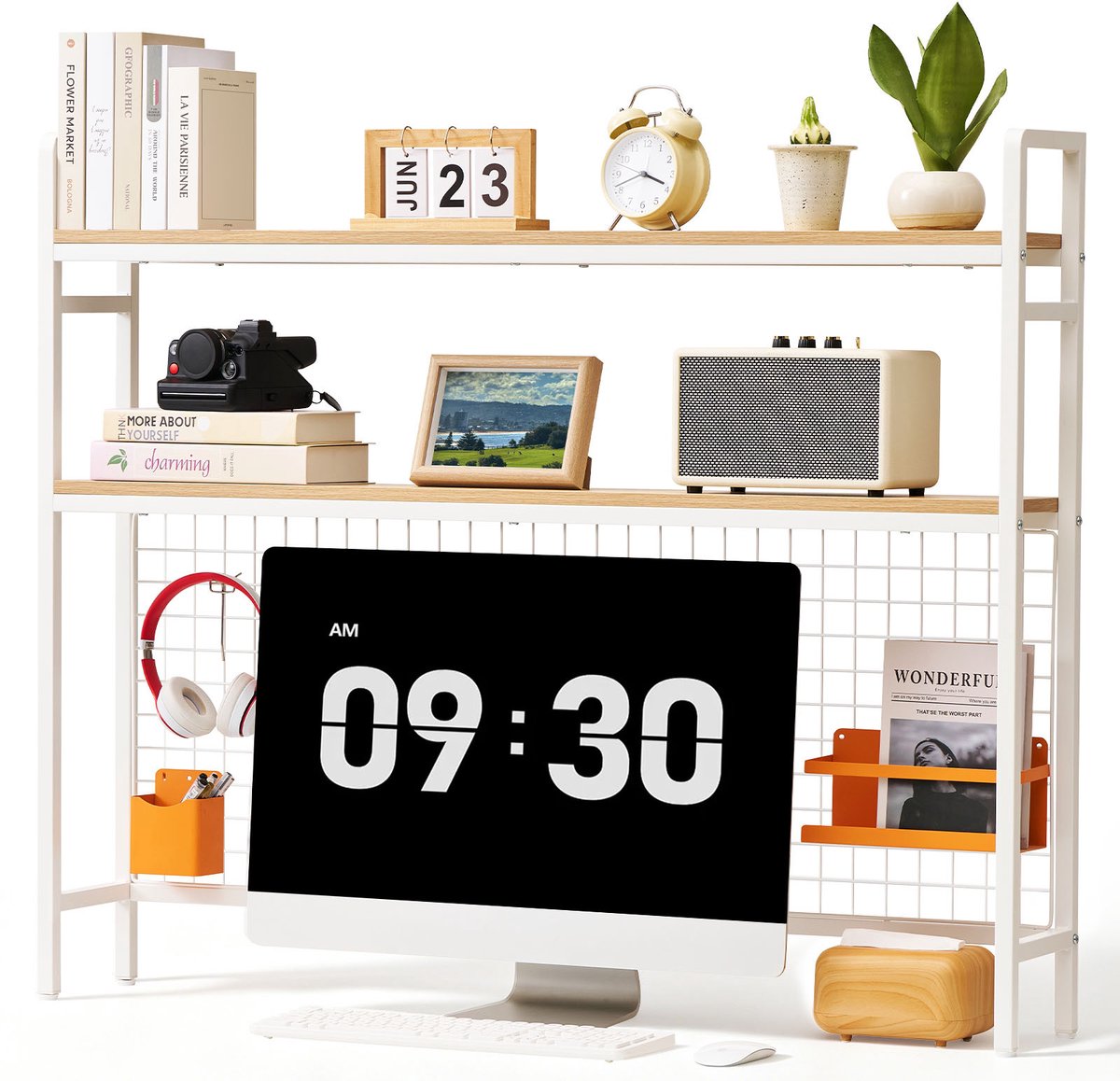 Vevor 3-Laags Bureauplank, Boekenplank Organizer, Wit, voor Studentenkamers, Thuiskantoren, voor het Sorteren van Boeken en Kantoorbenodigdheden, Metalen Frame en Houten Planken, Antislipvoetjes