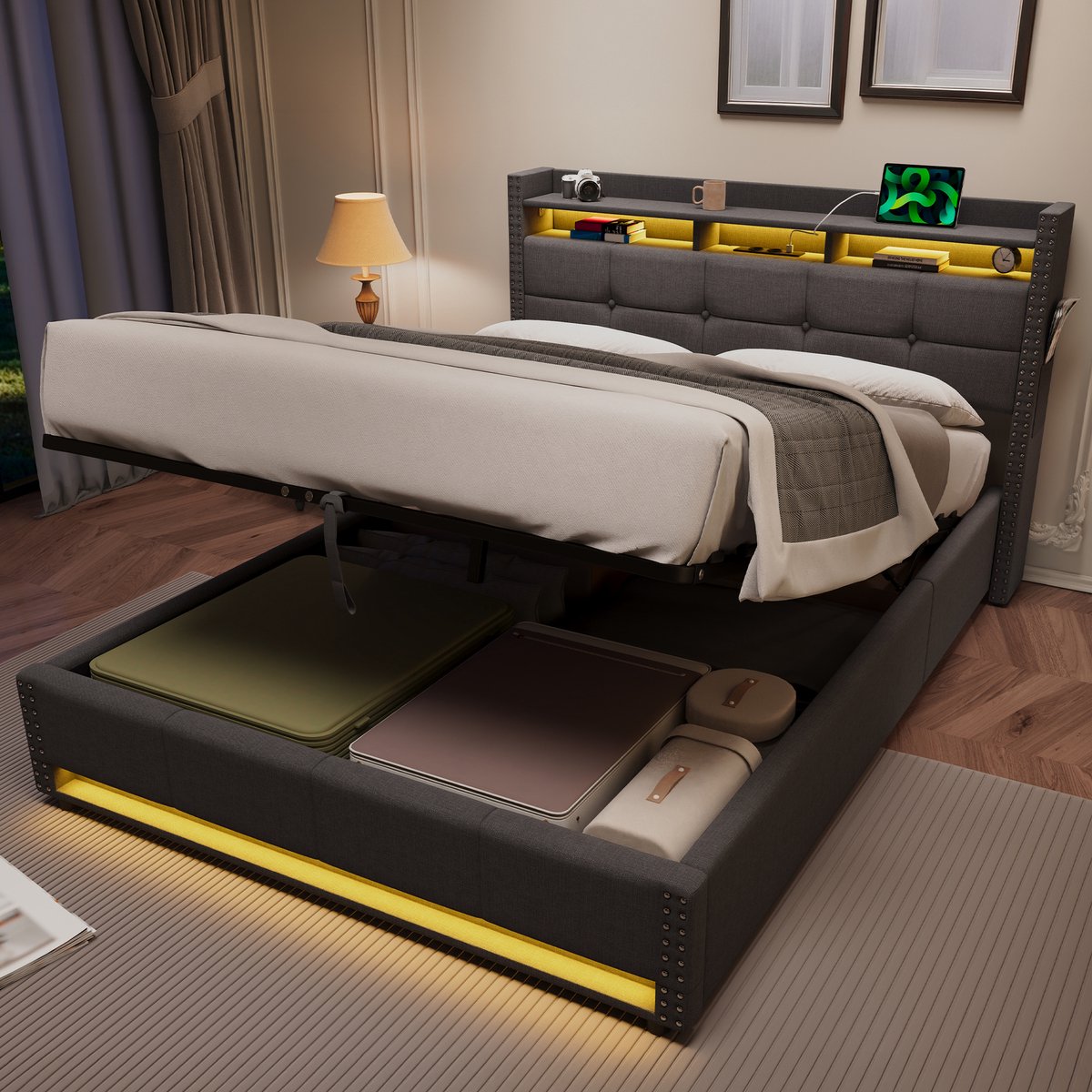 Wishdor Gestoffeerd Tweepersoonsbed 140x200 met Opbergruimte - Grijs - Luxe Bed met LED Verlichting, USB & Lattenbodem - Gasveer - Hoofdbord Kast