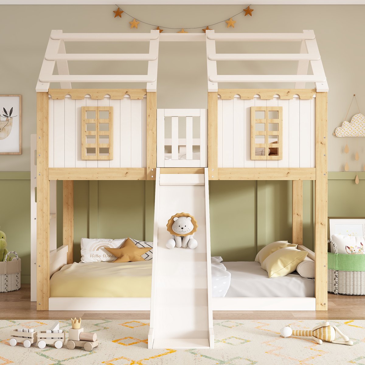 MODENUIT Kinderstapelbed – 90 x 200 cm – Glijbaan met Links- of Rechtsmonteerbare Ladder – Hout – Wit en Natuurkleur