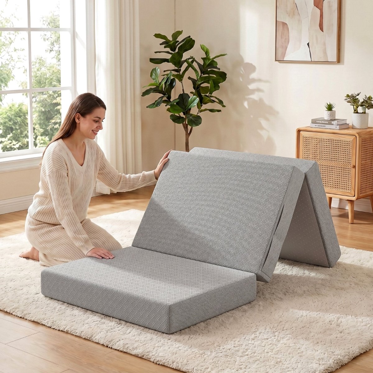 Ropilly Opvouwbare Matras 90x200 cm - 15 cm Dik - Gel Traagschuim Vouwmatras - Wasbare Hoes - Logeermatras - Lichtgrijs