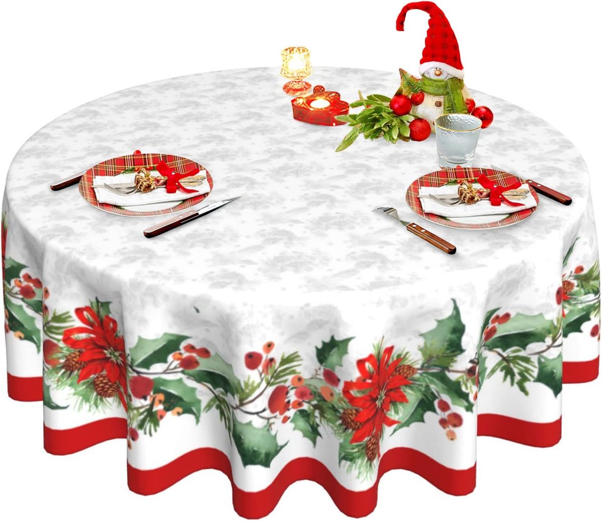 HisKes Kerst tafelkleed rond – Kerst tafelkleed 150 cm - Winterkersttafelkleed – Kerstdecoratie – Herbruikbaar – Geschikt voor de winter, feestdagen en decoratie van de keuken/eetkamer - A