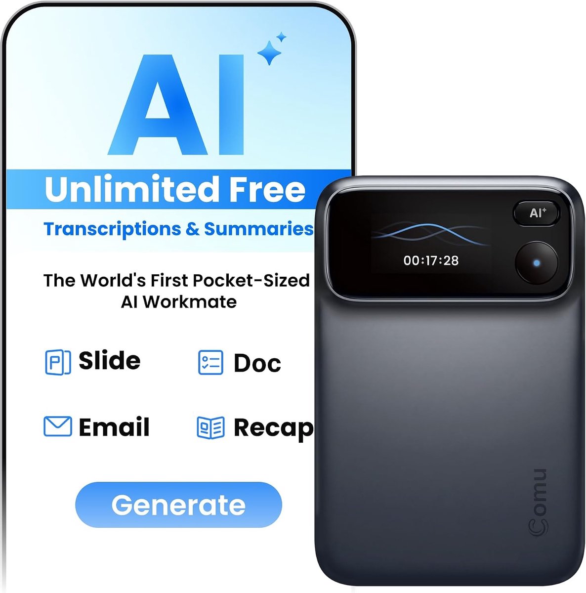 Comu Action Pro dicteerapparaat IA, professionele recorder met Agent IA (Zwart) - ShopVlot