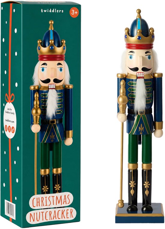 Soldat casse-noisette bleu et vert avec couronne dorée, avec sa boîte.