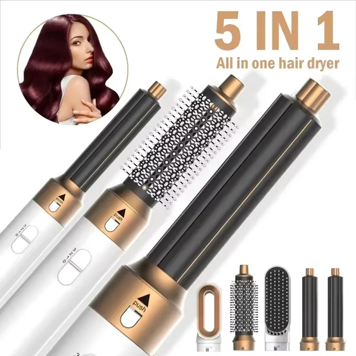 DeltaMerch Haardroger - Heteluchtborstel – Airstyler 5 in 1 - Incl. krulopzetstukken – ION Technologie – 3 Standen – Goud - Wit