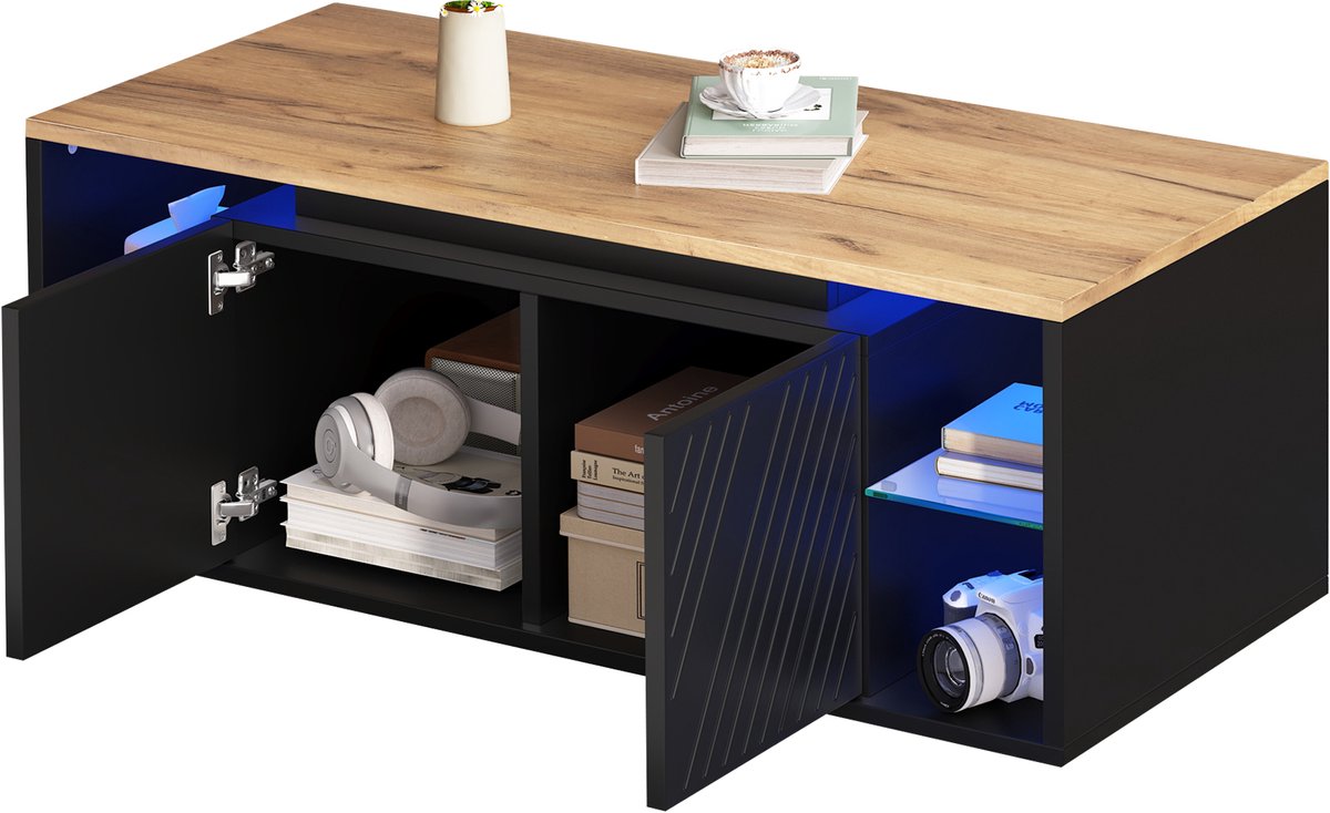Ropilly Zwarte salontafel met led verlichting - Salontafel met opbergruimte en deuren - Spaanplaat - Woonkamer - Zwart