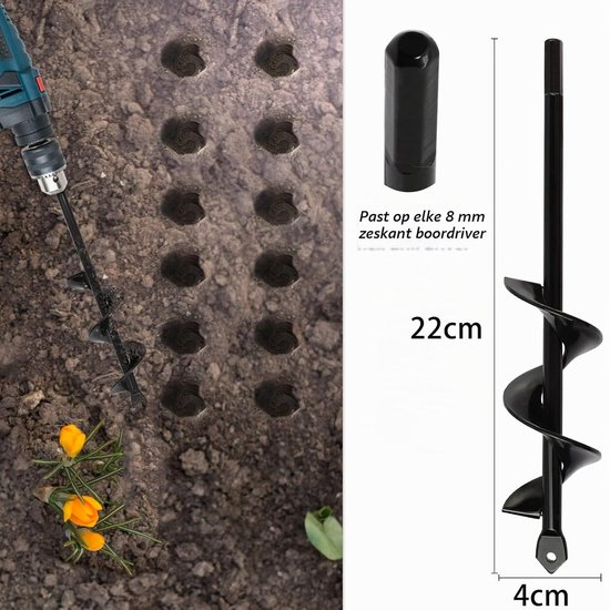 Gat Digger auger voor het planten van Bollen en Zaailingen, Heavy Duty Uitgebreide Spiraal Boor, Solid Core Shaft Planting Auger, Tuin Lamp Planter Gereedschap 4x22cm — afbeelding 2