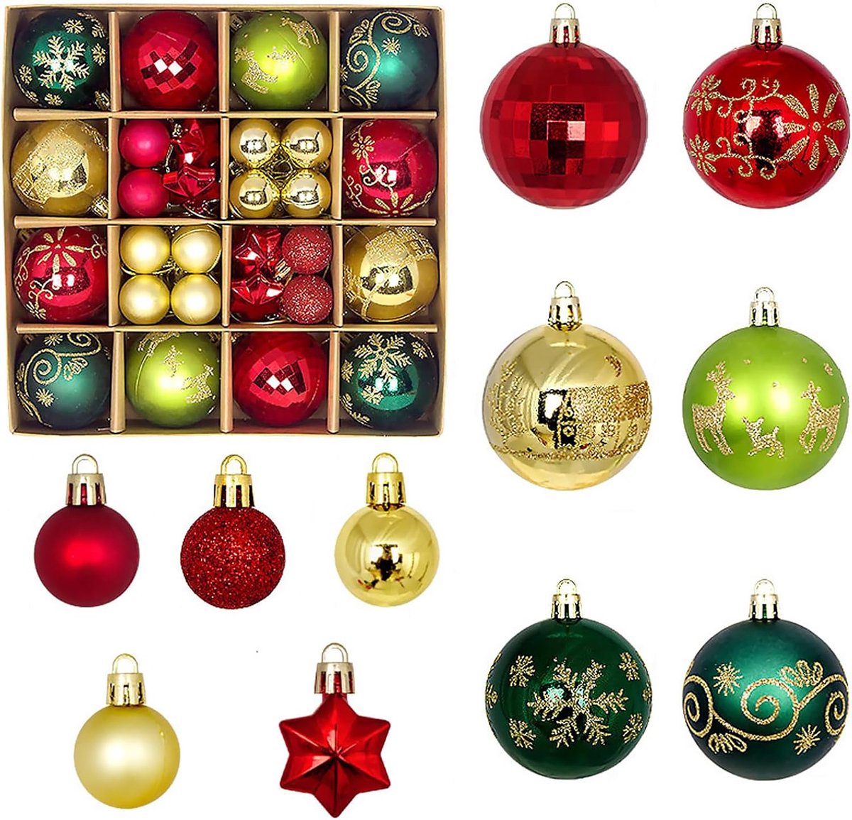 Kerstballen, kunststof kerstballenset, 6 cm en 3 cm, kerstdecoratie, dennenboom, voor kerstdecoratie, bruiloft, verjaardagsfeest (rood, groen, goud)