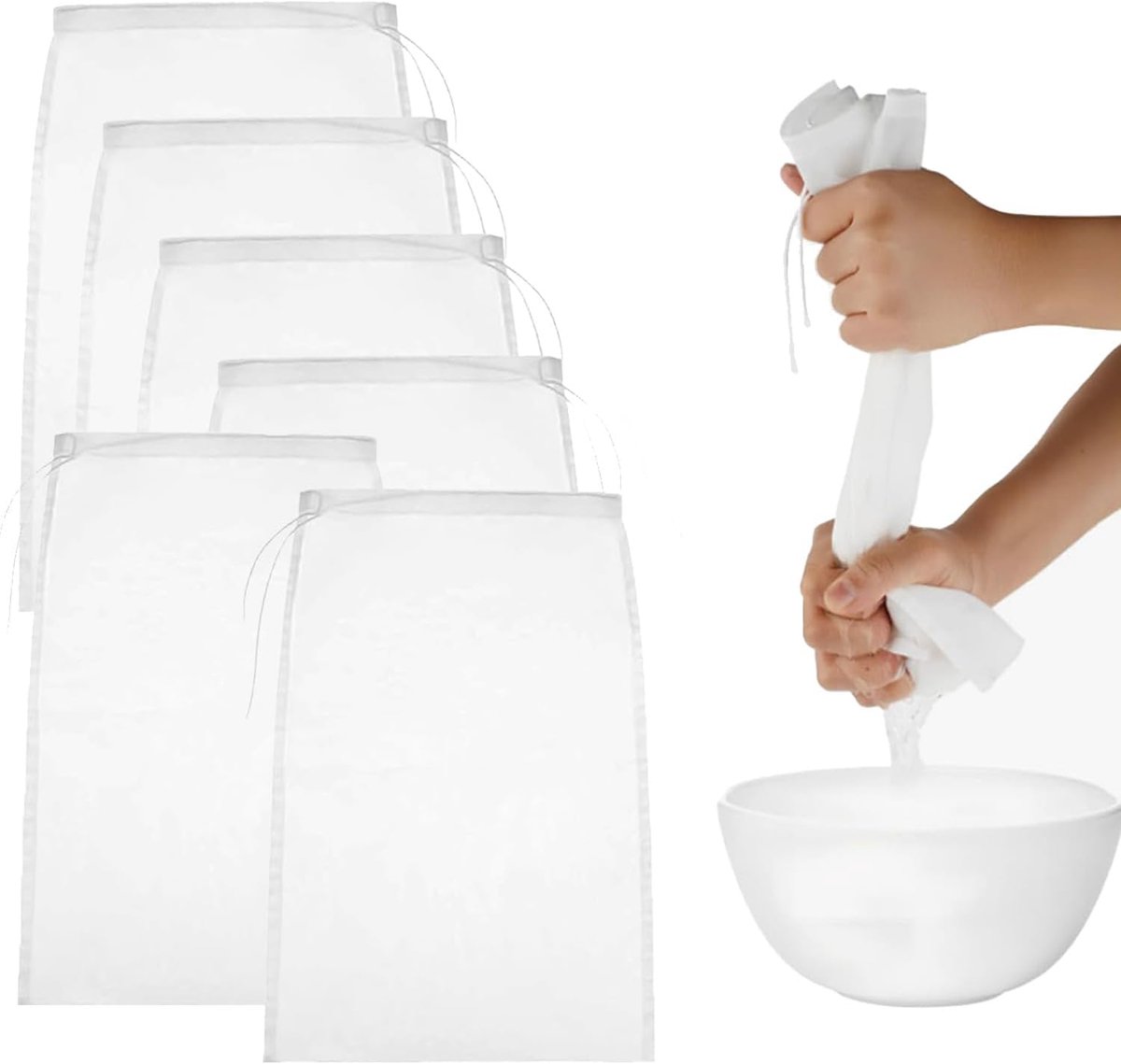Filterzakken, 6 stuks fijnmazige zeef voor notenmelk, yoghurt, kaas, sap, multifunctionele keukenzeef en zeefzakken, wasbare mousselinedoeken voor het bereiden van voedsel en het zeuven