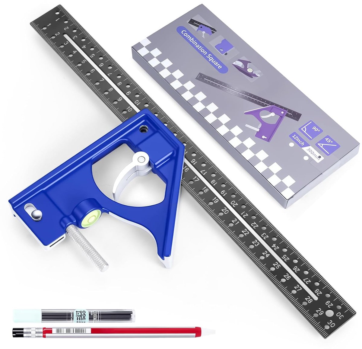 Combinatiehoek met potlood, 300 mm/12 inch aluminiumlegering, timmermanshoek met waterpas, verstelbaar, vierkantsnelheid in 45/90 graden voor tekenen, meten, markeren