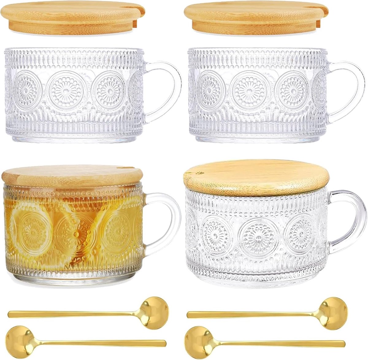 4 stuks doorzichtige glazen bekers met 4 bamboe deksels, 4 lepels, 450 ml/16 oz reliëf koffiekopjes met handvat, theecontainers voor Kerstmis Thanksgiving Gift, mokken voor cappuccino, latte, granen,