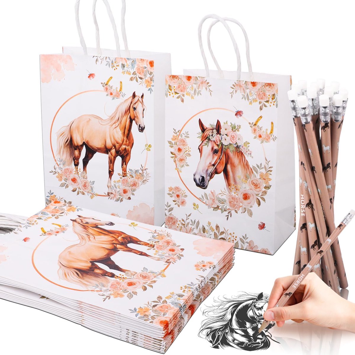 24 stuks paarden feestzakjes, paard geschenkzakjes, 12 paarden potloden, 12 paard papieren zakjes met handvat, paard-verjaardag geschenkzakjes, paarden-papieren gastencadeaus zakjes