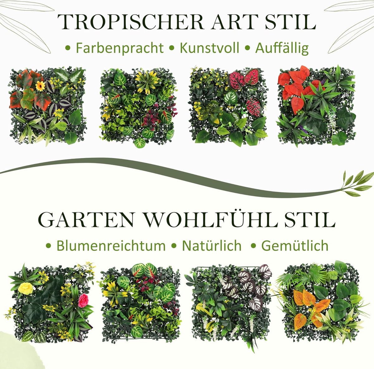 4 stuks plantenwand 25 x 25 cm, kunstplant wandset als wandpanelen voor groene wanddecoratie, plantenwand outdoor voor balkon, tuin, omheining, woonkamer en terras