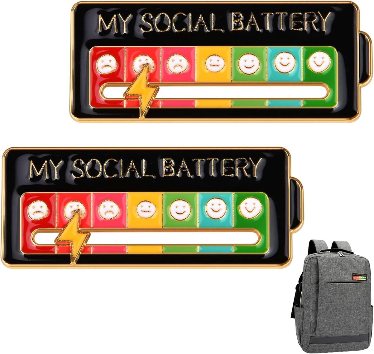 2 stuks Social Battery Pins, voor een sociale stemming voor 7 dagen, interactieve stemmingsnaalden, grappige broche, sociale batterij, emaille pin, mijn sociale batterijpin, voor rugzakken, jassen en