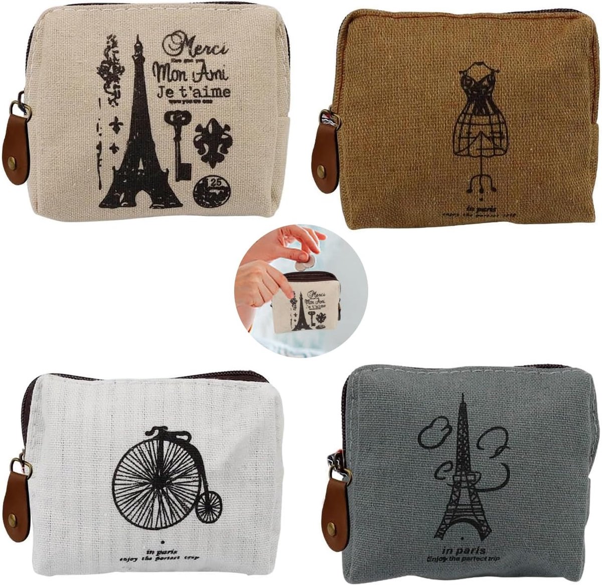 4 stuks, vintage kleine portemonnee voor dames, canvas, muntenportemonnee met ritssluiting en patroon voor munten, kaarten, sleutels, crème, grijs, kaki, bruin, Large, moderniteit