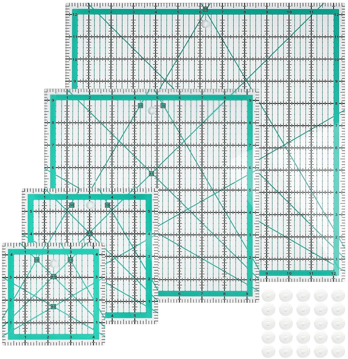 Linialen set, naaisjabloon stof snijlinialen met 25 stuks antislip ringen, duurzame lasergesneden voor quilten, scrapbooking en knutselprojecten (groen)