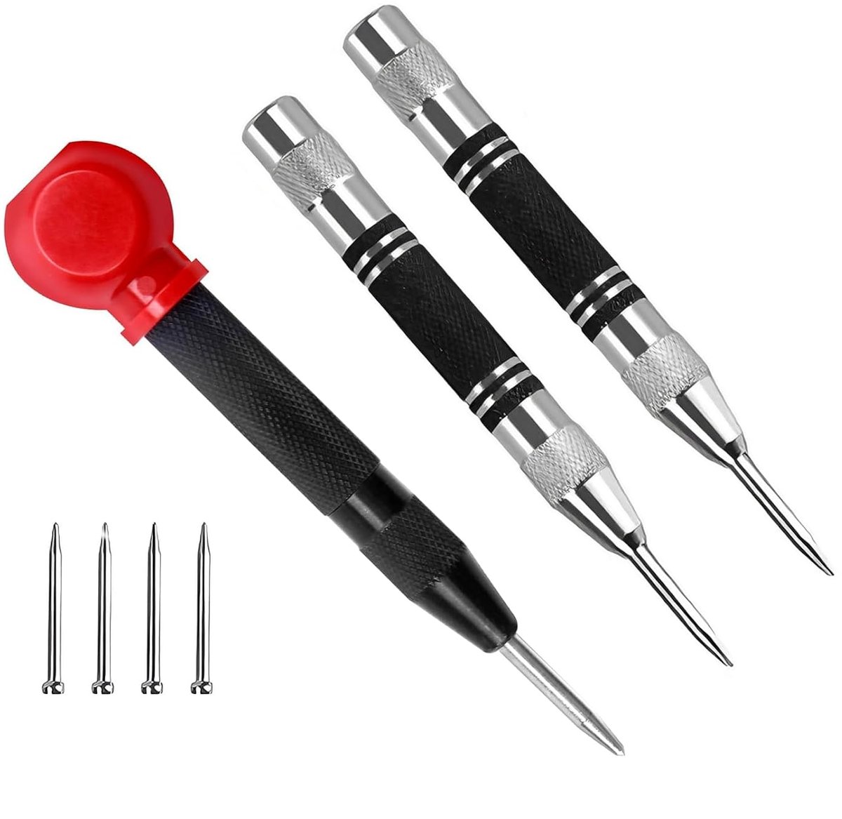 3 stuks automatische korrels, automatische korrels met 4 reservepunten, automatische korrels, metaal gereedschap, veerbelaste middengatenpunch voor metaal, hout, glas, dunne staalplaten