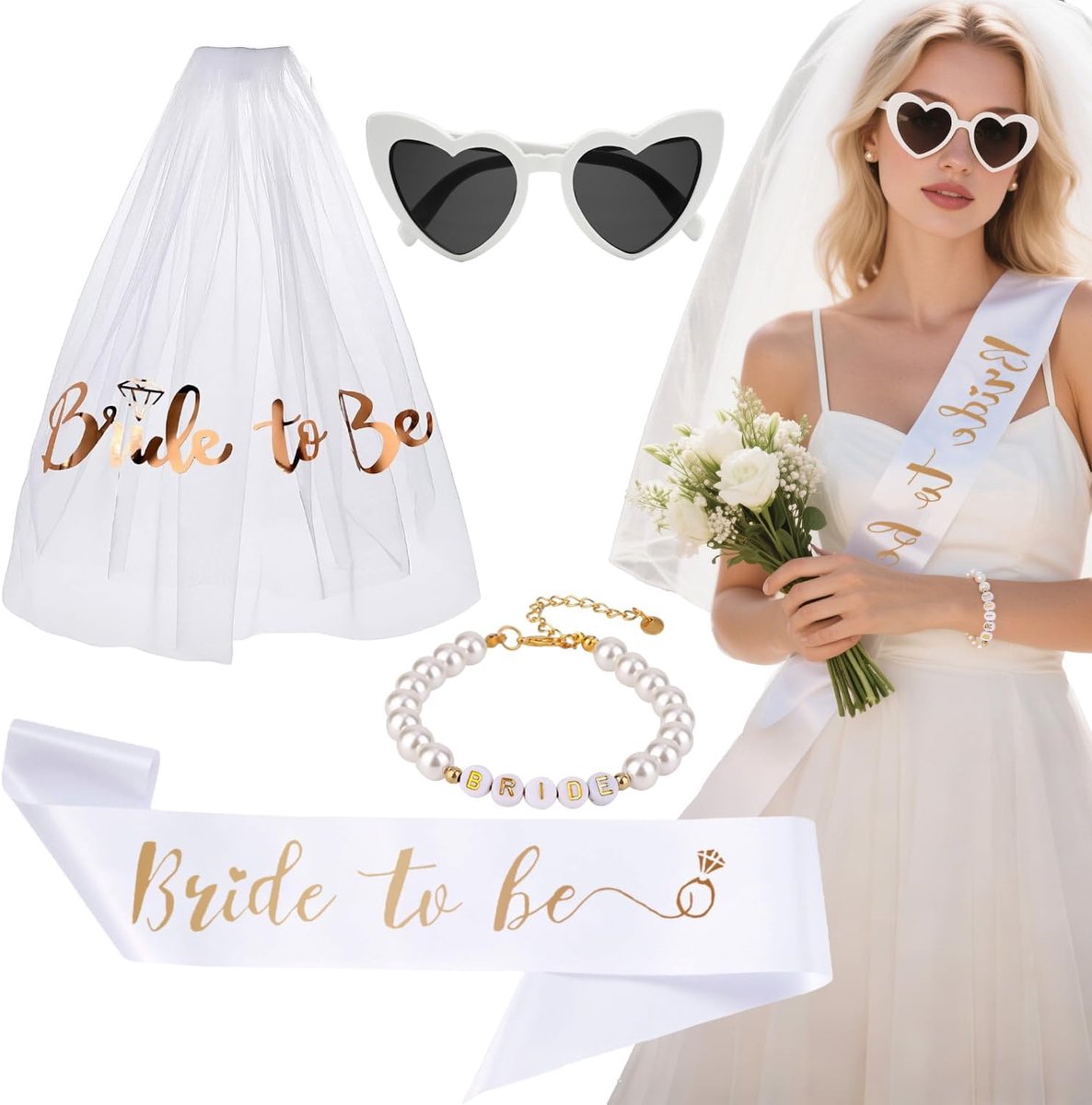 4 Stuks JGA Accessoires Vrouwen Vrijgezellenfeest Bride To Be Sluier Witte Sjerp Hart Zonnebril Armbanden Voor Bruiloftsfotografie