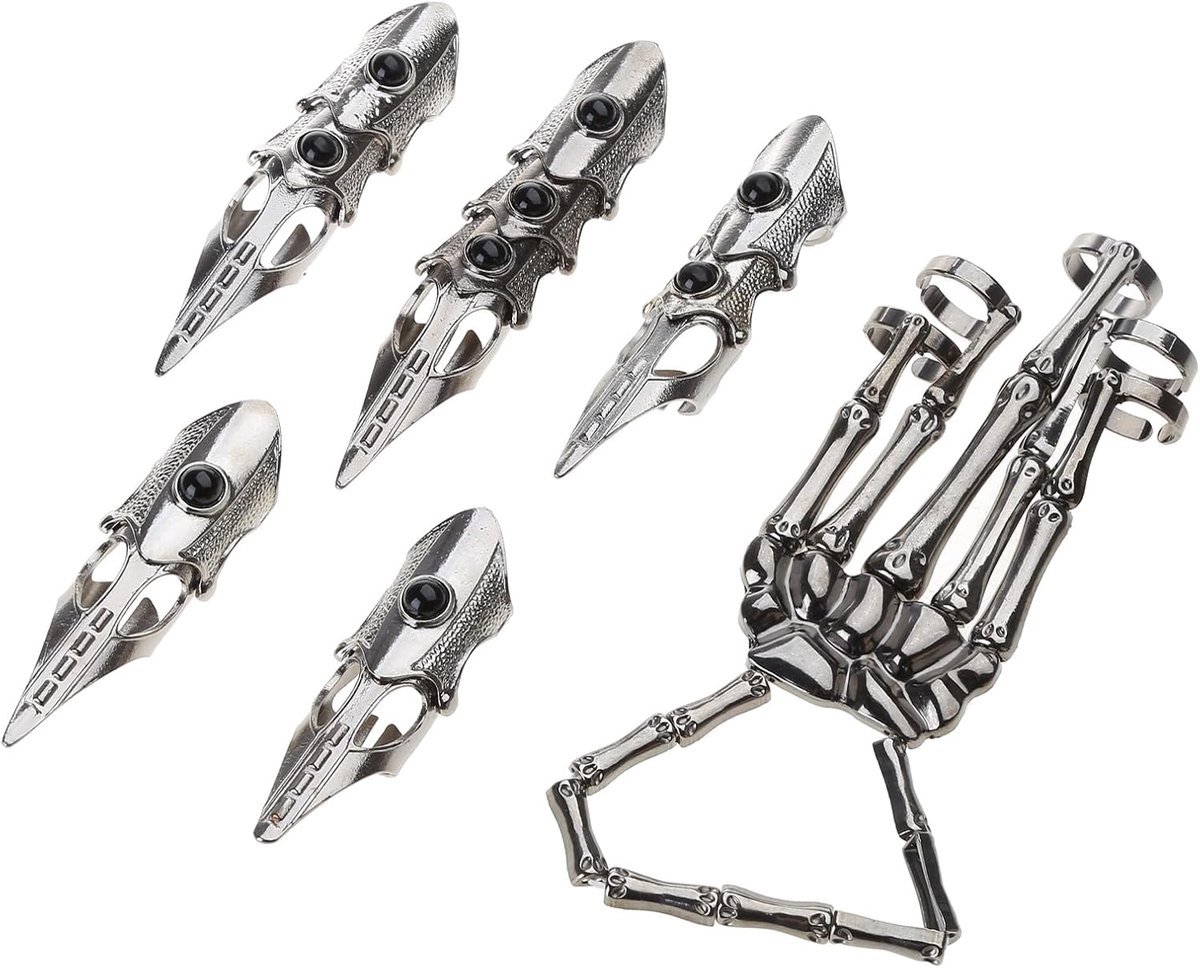 Punk Skelet Handschoen Verstelbare Metalen Vingerklauw Skelet Volledige Vingerringen voor Halloween Cosplay en Feest