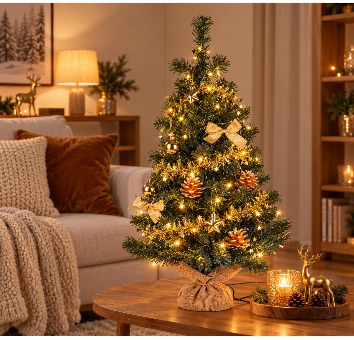 Verlichte kunst kerstboom - 75 cm - met gouden decoratie en slinger - kunstboom – foto 4