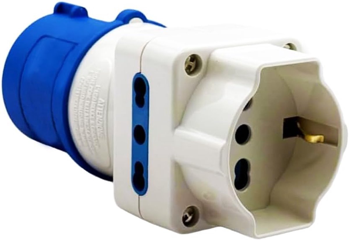 Adapter 2P+T 16 A 250 V en geaard stopcontact op blauwe industriële stekker, CEE, elektrische adapter voor camping, werkplaats, tuin, camper, beurs, boten