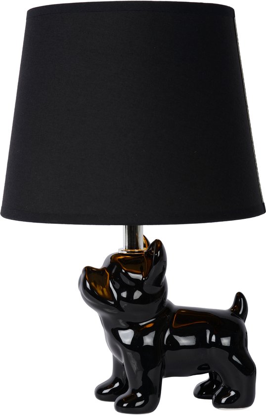 Lampe de table noire avec un chien noir brillant comme base.