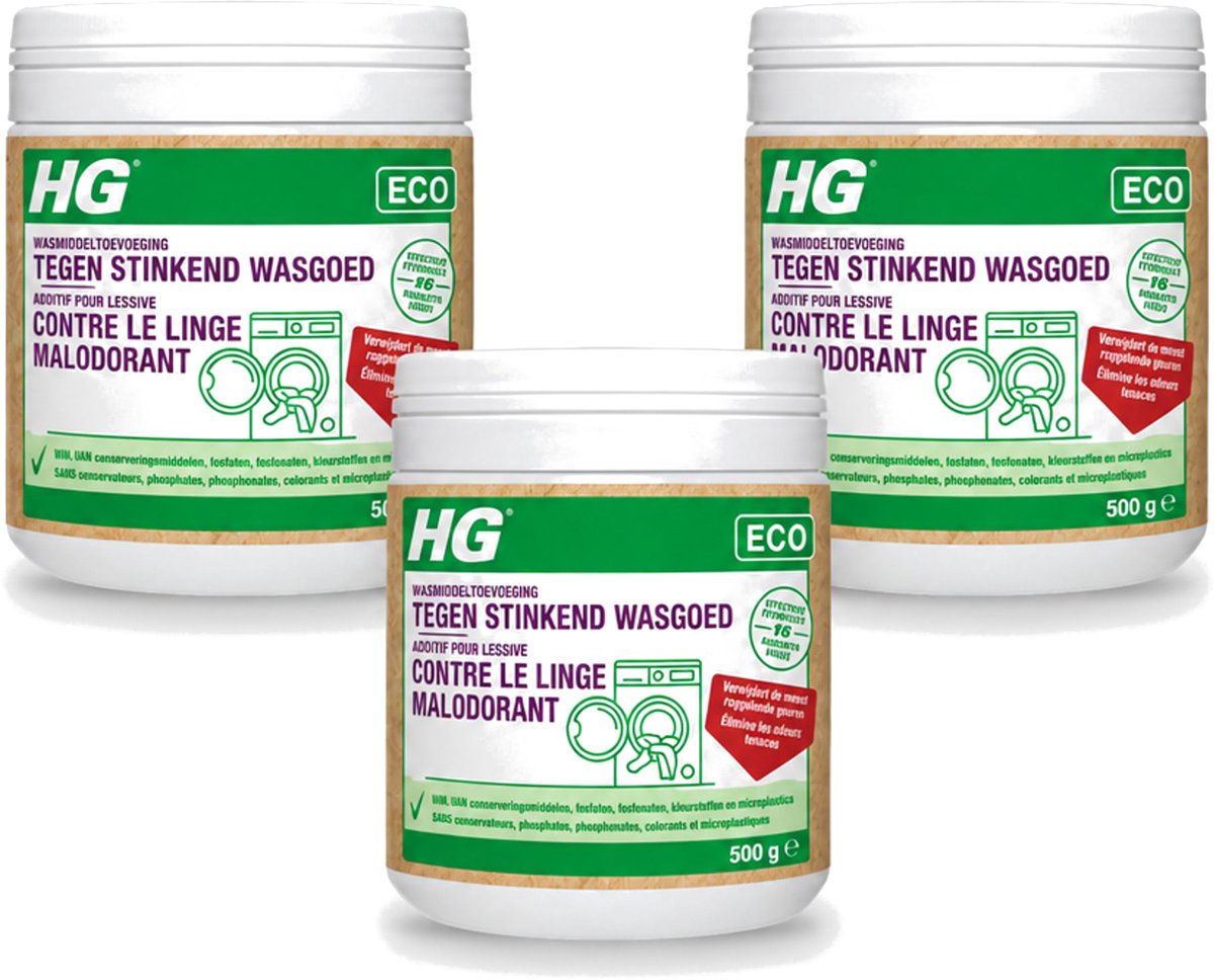 3 x HG ECO - Wasmiddeltoevoeging Tegen Stinkend Wasgoed - Effectieve Formule - 16 Wasbeurten - 500 g - Voordeelverpakking - 3 stuks
