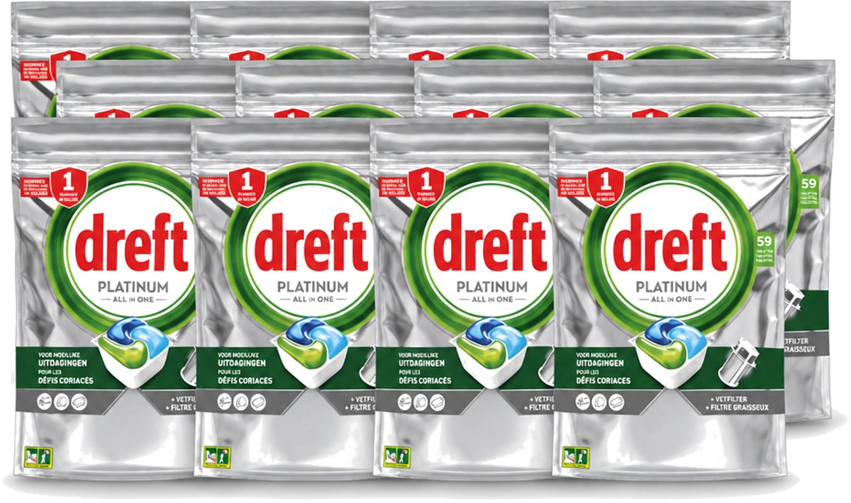 12 x Dreft – Vaatwastabletten – Platinum All-in-One Original – 59 Tabletten - Voordeelverpakking - 12 stuks