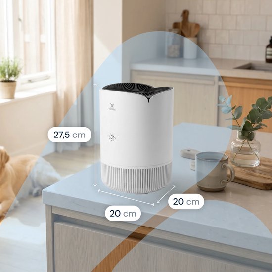 Witte Vibrix luchtreiniger op een keuken aanrecht, met afmetingen 27,5 cm hoog en 20 cm breed.