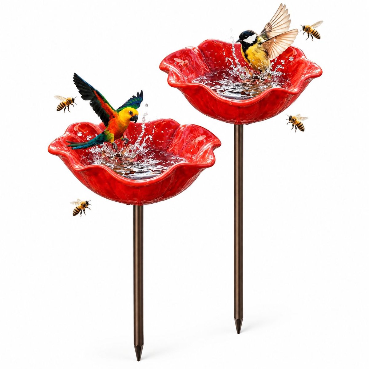 VHV - Vogelbadje - 2 stuks - Rood - Vogeldrinkschaal - Vogeldrinkbakken - Vlinders en bijen - Vogelbad op voet - in de tuin