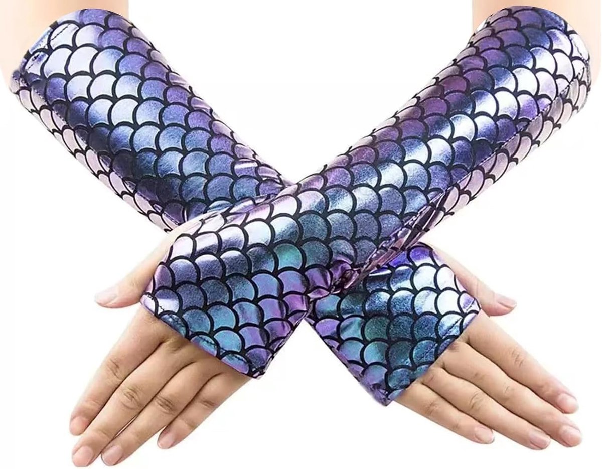 Lange Vingersloze Handschoenen met Zeemeermin Schubben voor Vrouwen, Perfect voor Halloween, Rave Feesten en Carnaval