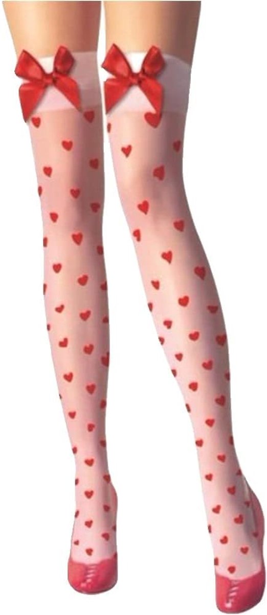 krautwear Ladies Stockings with Cute Hearts and Red Bow Wedding Bride Wedding (White-BL2095) - ShopVlot