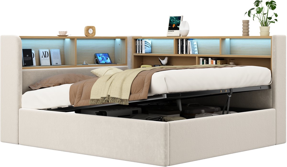 DESMIU Bedbank 140x200 cm – Hydraulische Opbergruimte – LED en USB-C – Lattenbodem – Fluwelen Slaapbank – Beige – Zonder Matras