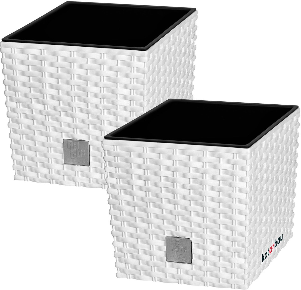 KOTARBAU® Vierkante Bloempot met Inzetpot - Vierkante Plantenbak 22x22 cm 2 Stuks - Plantenpot 9,8 L - Plantenbak - Kunststof - Rotanlook - Wit