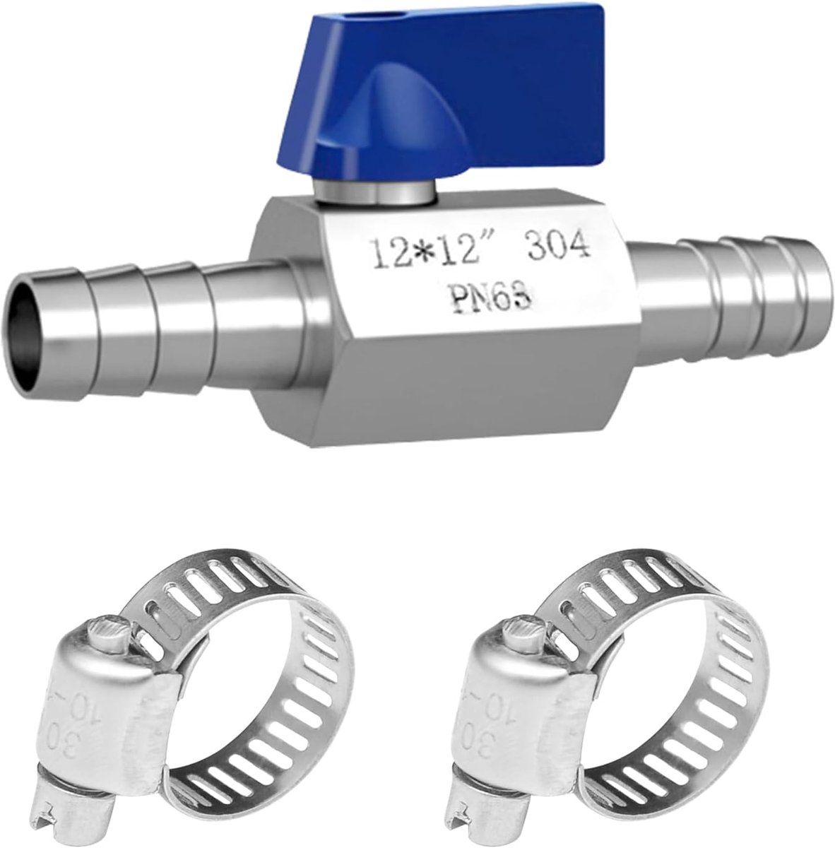 12mm Stainless Steel Ball Valve with 2 Pcs Hose Clamps, 304 Barb Shut-Off Valve Pagoda Joint for Water, Gas, Oil Fuel - ShopVlot