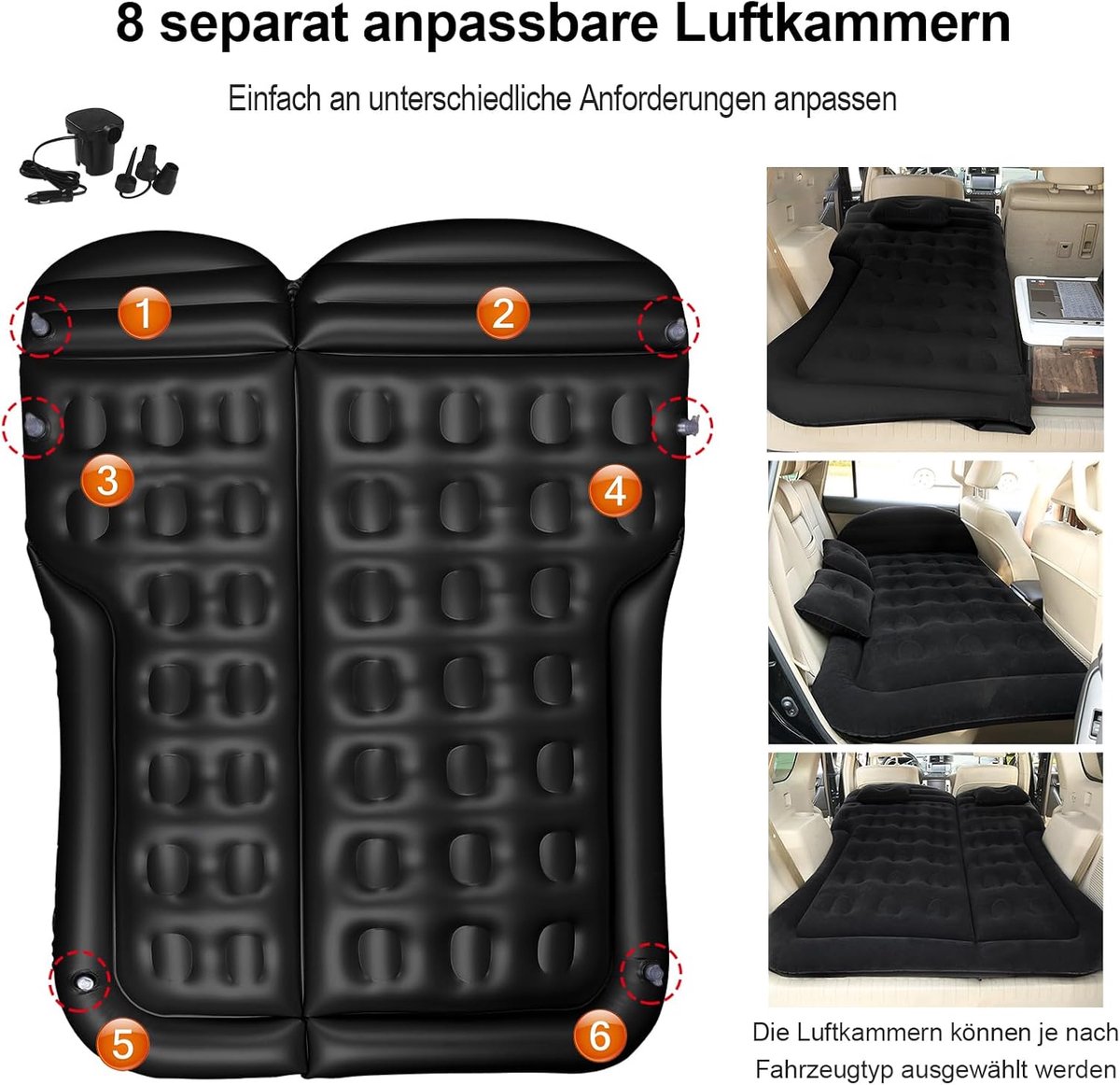 Automatras en autobed, opblaasbaar campingcombi-luchtbed voor auto, achterbank, dikkere kofferbakmatras, bed voor camping, outdoor, reizen, 175 x 130 cm