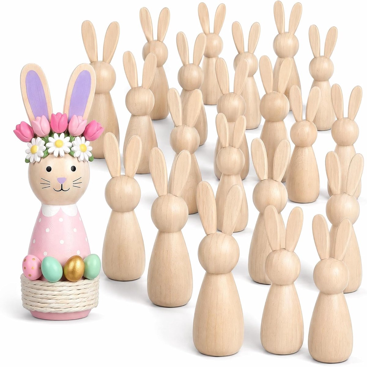 20 stuks houten hazen om te beschilderen, 9 cm, onbehandelde houten figuren voor Pasen, knutselen voor kinderen, glad oppervlak zonder bramen, doe-het-zelf paashaas, houten figuur voor